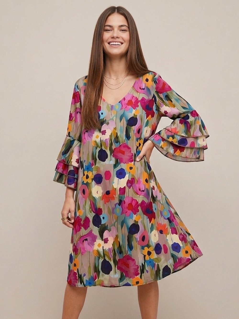 Floral V-Neck A-Line Dress with Bell Sleeves Wedding Guest Spring Summer Party